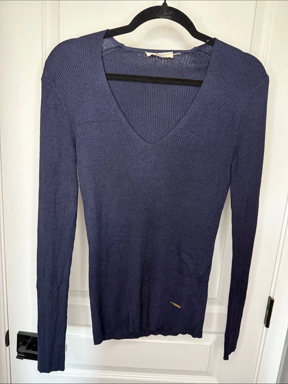 Tory Burch Silk Blend Navy Ribbed V-Neck Long Sleeve Sweater